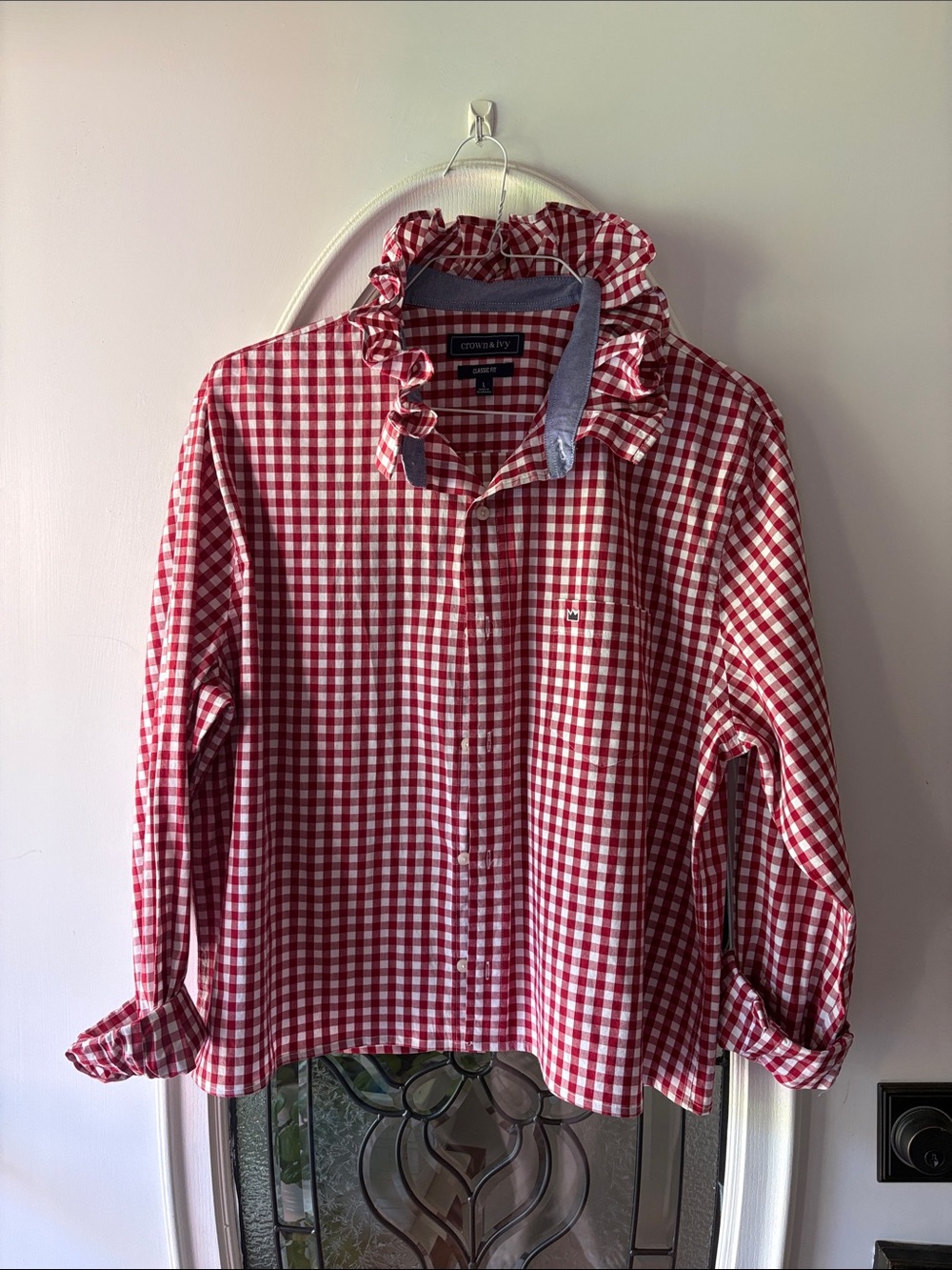 Crown and Ivy- Red & White Gingham Ruffle collar up-cycled long sleeve shirt